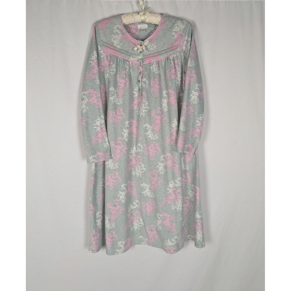 Celestial Dreams Grey Floral Fleece Long Sleeve Henley Nightgown Large 12/14
